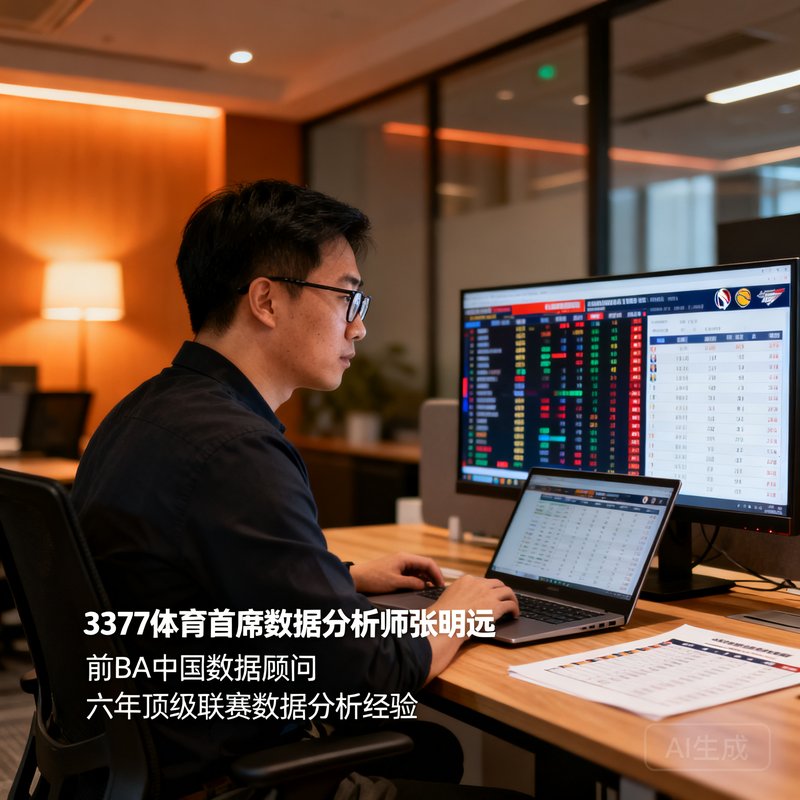 3377体育首席数据分析师张明远，前NBA中国数据顾问，拥有六年顶级联赛数据分析经验，戴着眼镜专注分析屏幕上的赛事数据