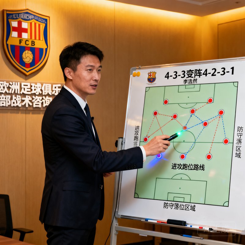 足球战术分析师李浩然在战术白板前讲解阵型变化，曾为欧洲足球俱乐部提供战术咨询，擅长将复杂战术转化为可视化图表