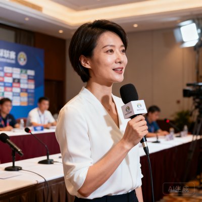 一位短发干练的女性体育记者刘芳，手持采访话筒，背景是赛后新闻发布会的场景